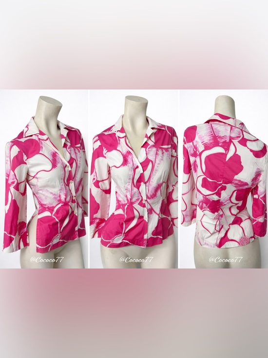 Trina Turk Pink White Floral Top Size S Made in USA Cotton Stretch Resort Chic - Picture 9 of 9